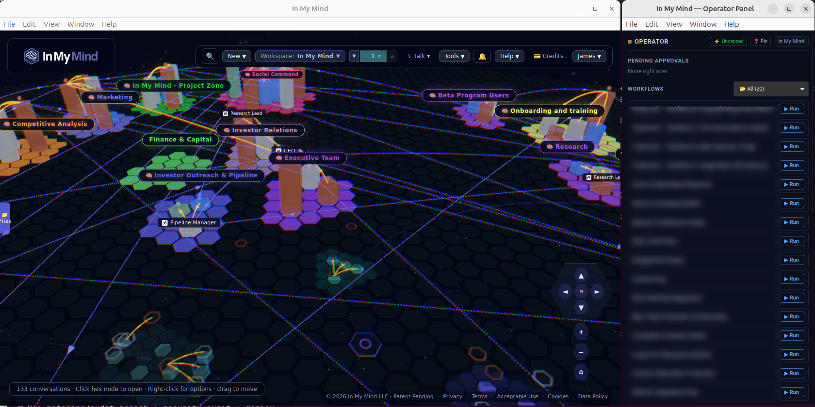 In My Mind Desktop, main workspace map open on the left, Operator Panel popout open on the right showing Pending Approvals