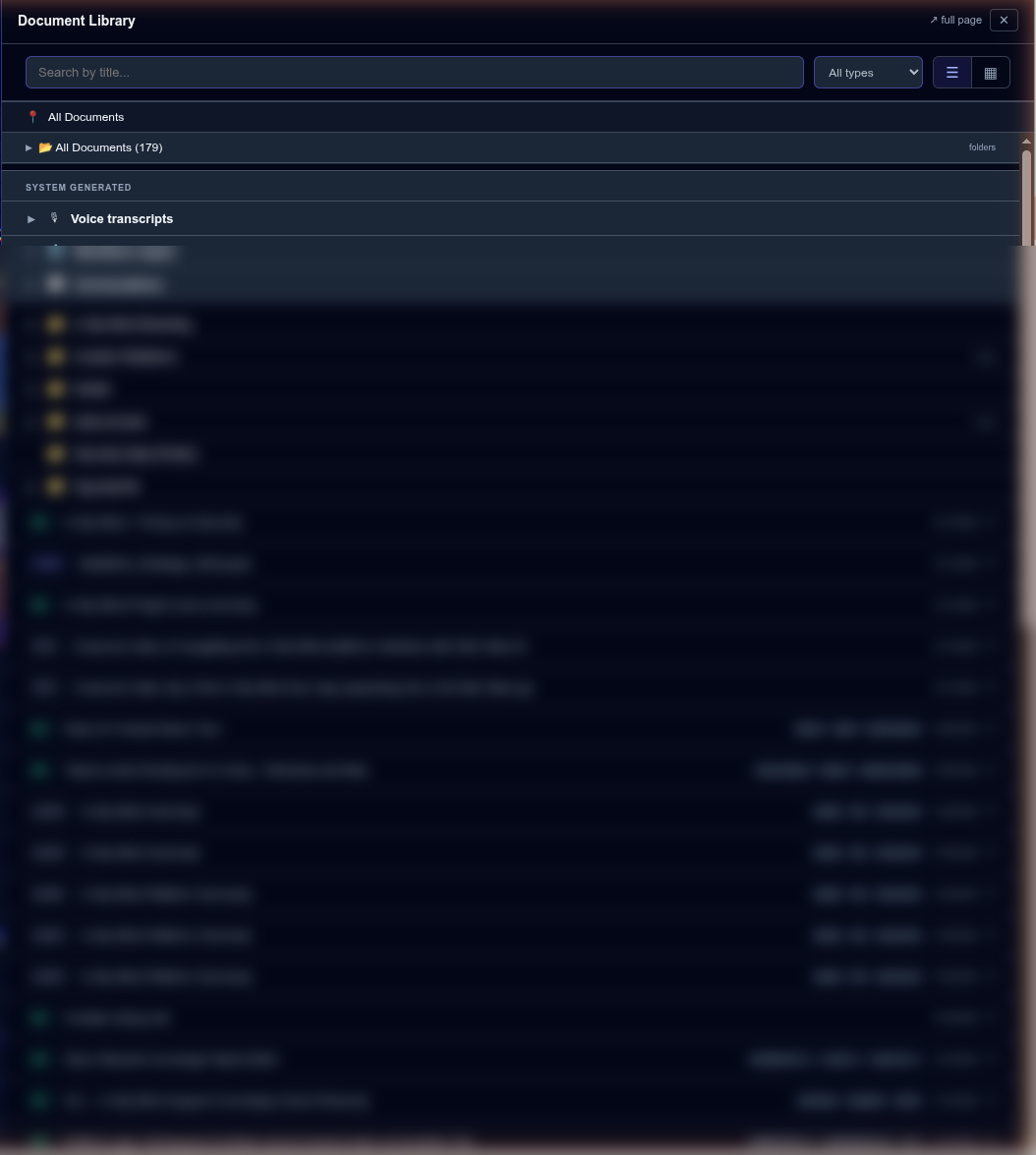 In My Mind Document Library, searchable corpus with type filters (MD, CODE, TEXT, AUDIO), system-generated folders for voice transcripts, workflow output, and conversations