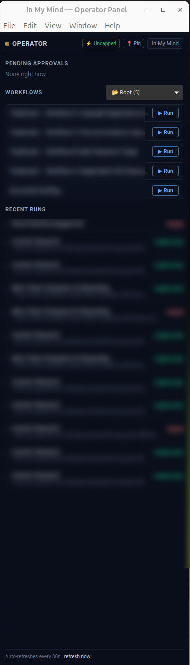 Operator Panel popout, close-up view showing Pending Approvals, Workflows list with Run buttons, and Recent Runs with status badges