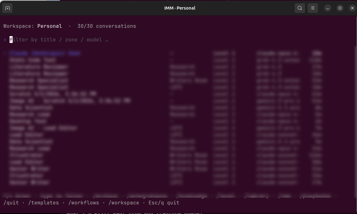 In My Mind TUI conversation picker, workspace listing with status, level, model, and last-active columns
