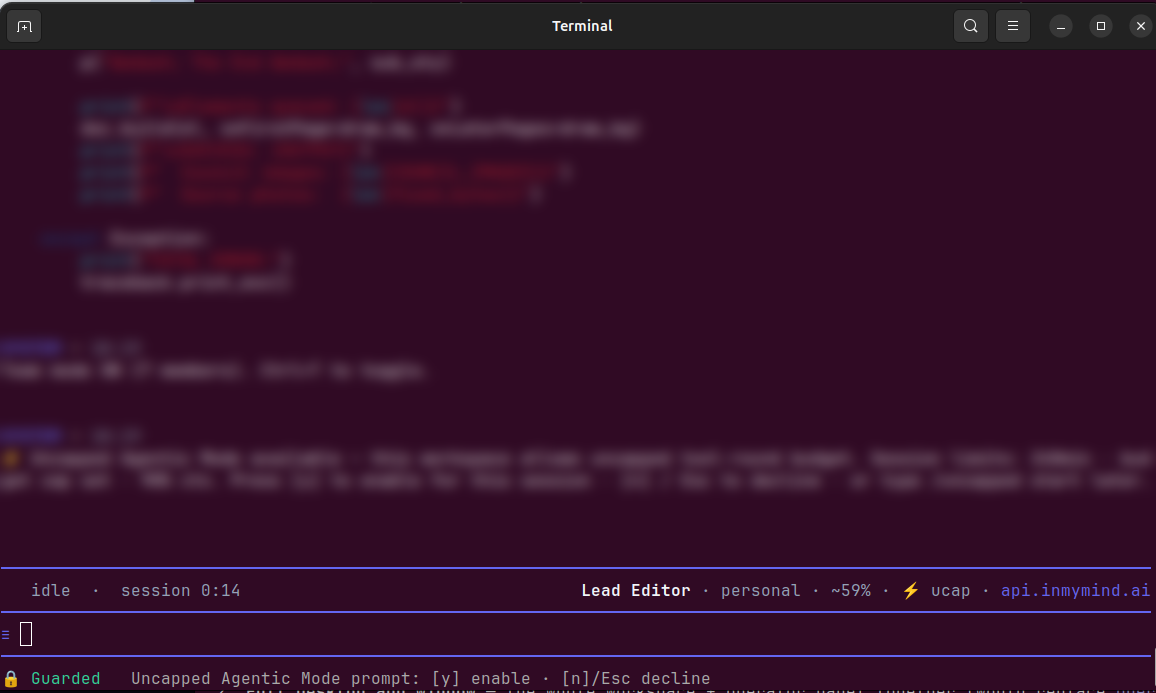 In My Mind TUI active session, team mode on, status line showing session timer, model, context %, endpoint