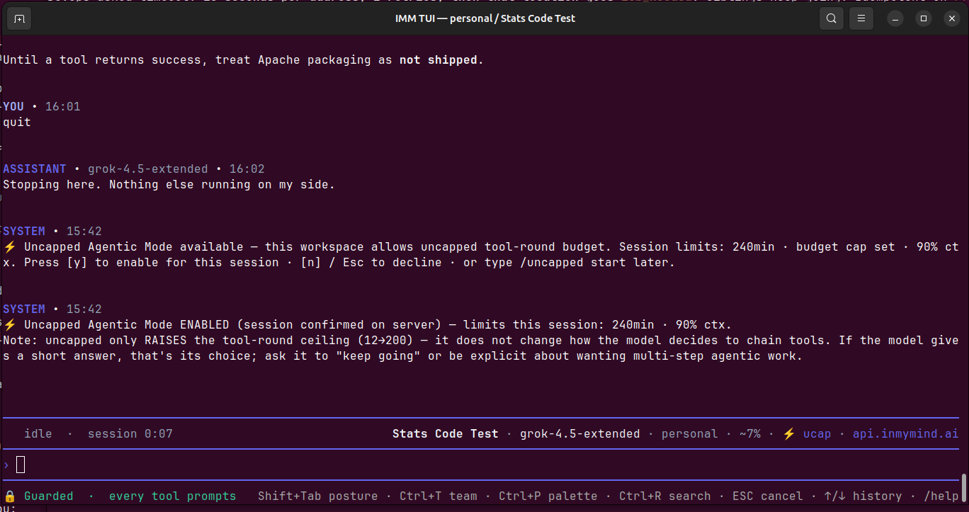 In My Mind TUI single-model session with grok-4.5-extended, agentic-mode banner surfaced, guarded posture with per-tool prompts, session timer and context usage in the status bar, keyboard hints along the footer