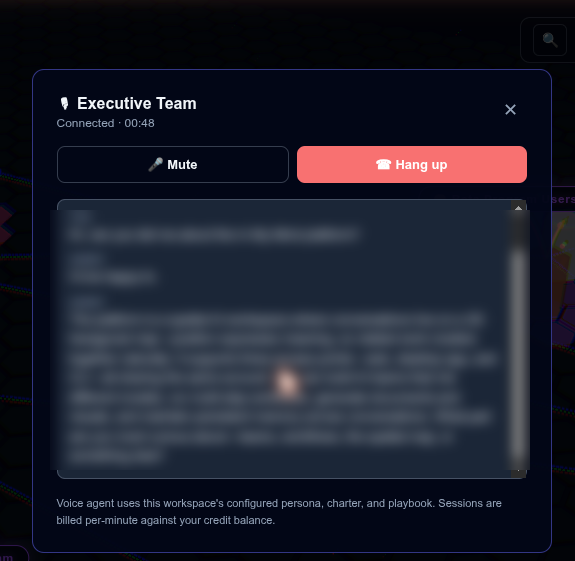 In My Mind voice call view, Executive Team agent connected, live transcript with mute / hang-up controls and per-minute billing line